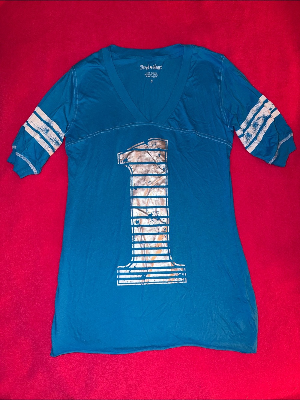 Derek Heart Women’s Bright Blue V-Neck Tee with Silver Accents